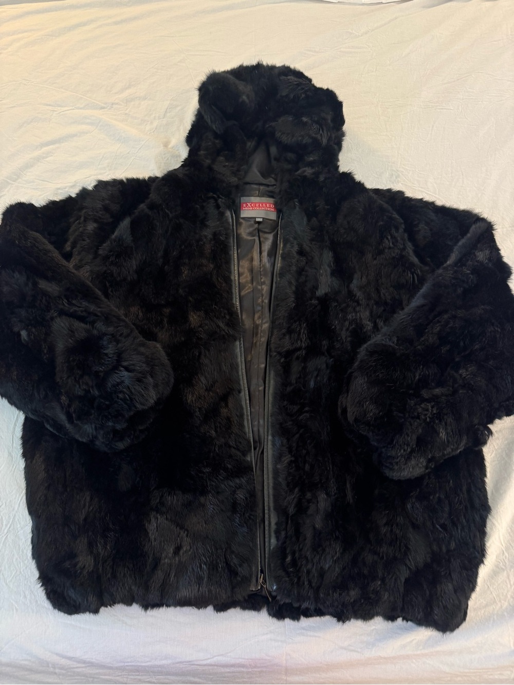 EXCELLED Black Rabbit Fur Bomber Jacket with Hood